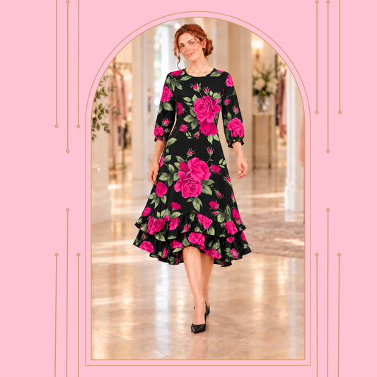 Pre-Order-New "Rosalyn" Black/Pink Roses Print Dress: S-3X (Arriving Late Oct)
