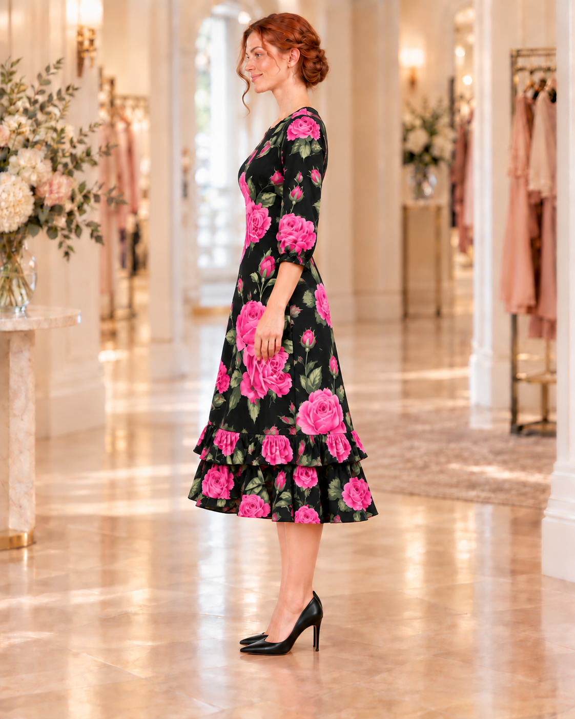 Pre-Order-New "Rosalyn" Black/Pink Roses Print Dress: S-3X (Arriving Late Oct)