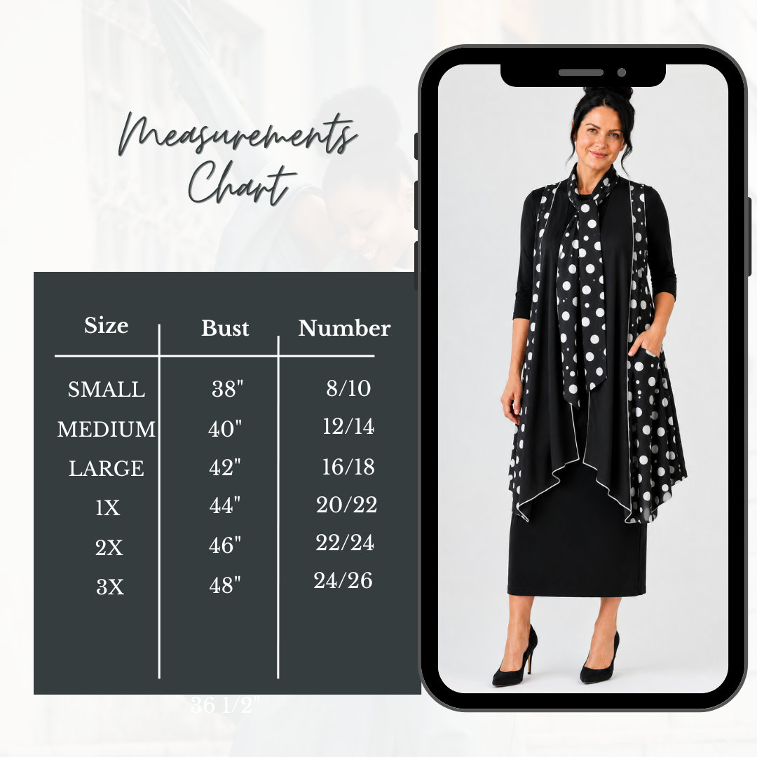 NEW! Polka Dot Tie-Neck Long Vest: S-3X  Arriving in Stock: 9/3