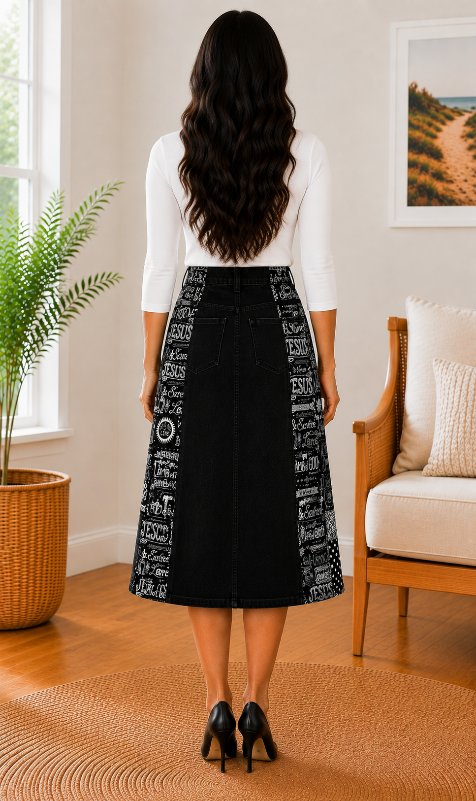 NEW! Black/White "Jesus Is Lord" Print Jean Skirt: S-3X