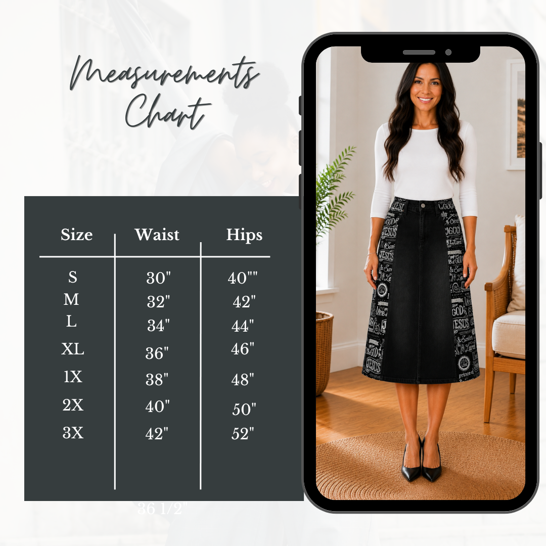NEW! Black/White "Jesus Is Lord" Print Jean Skirt: S-3X