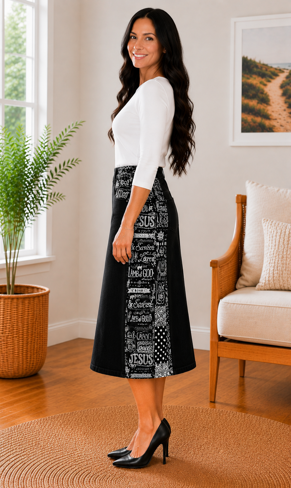 NEW! Black/White "Jesus Is Lord" Print Jean Skirt: S-3X