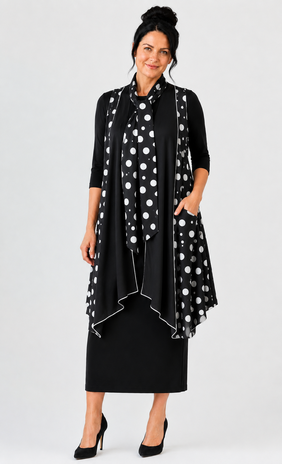 NEW! Polka Dot Tie-Neck Long Vest: S-3X  Arriving in Stock: 9/3