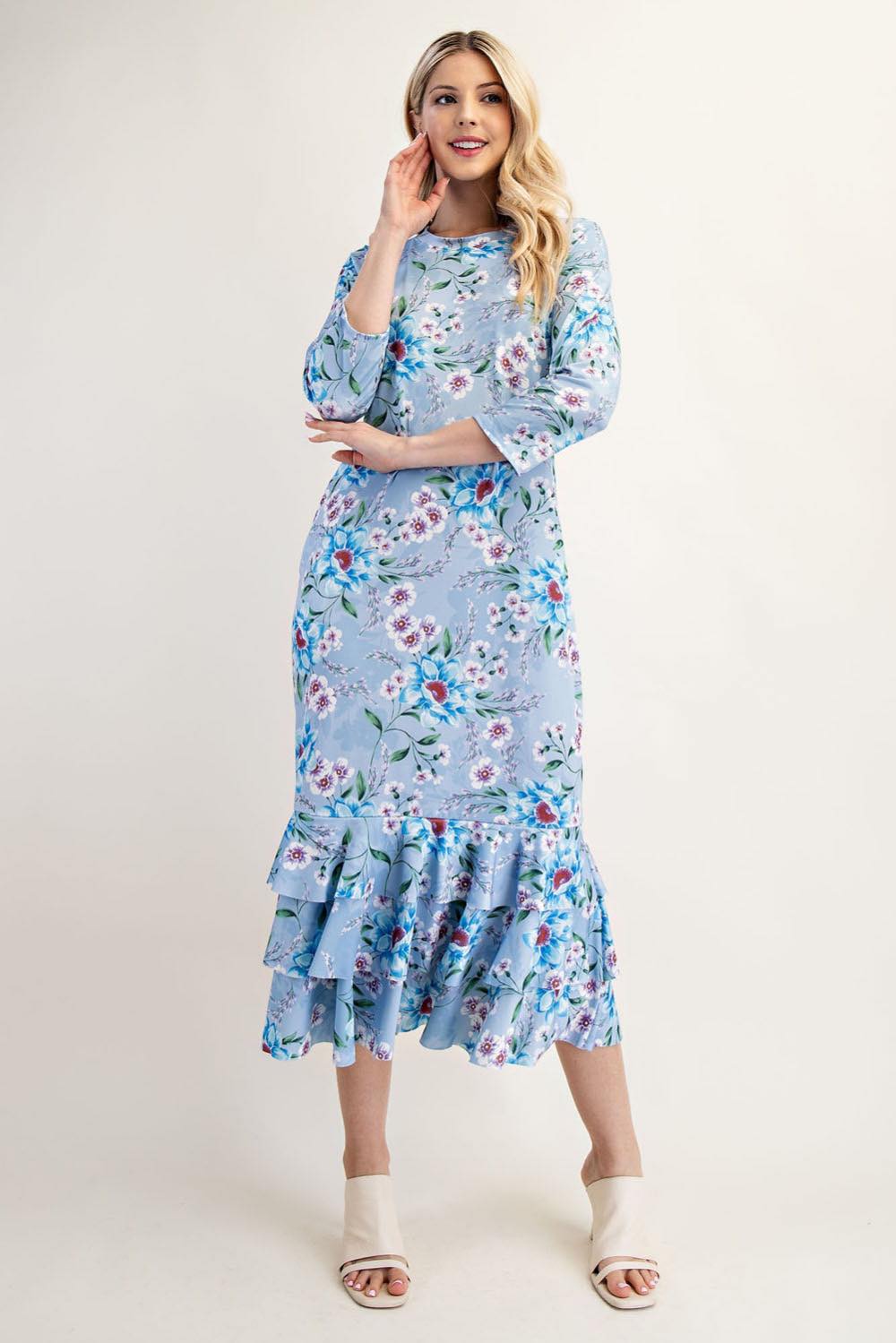 PRE-ORDER: NEW! BLUE PRINT RUFFLE TIERED MIDI DRESS S-3X  Arriving in Stock: 3/7