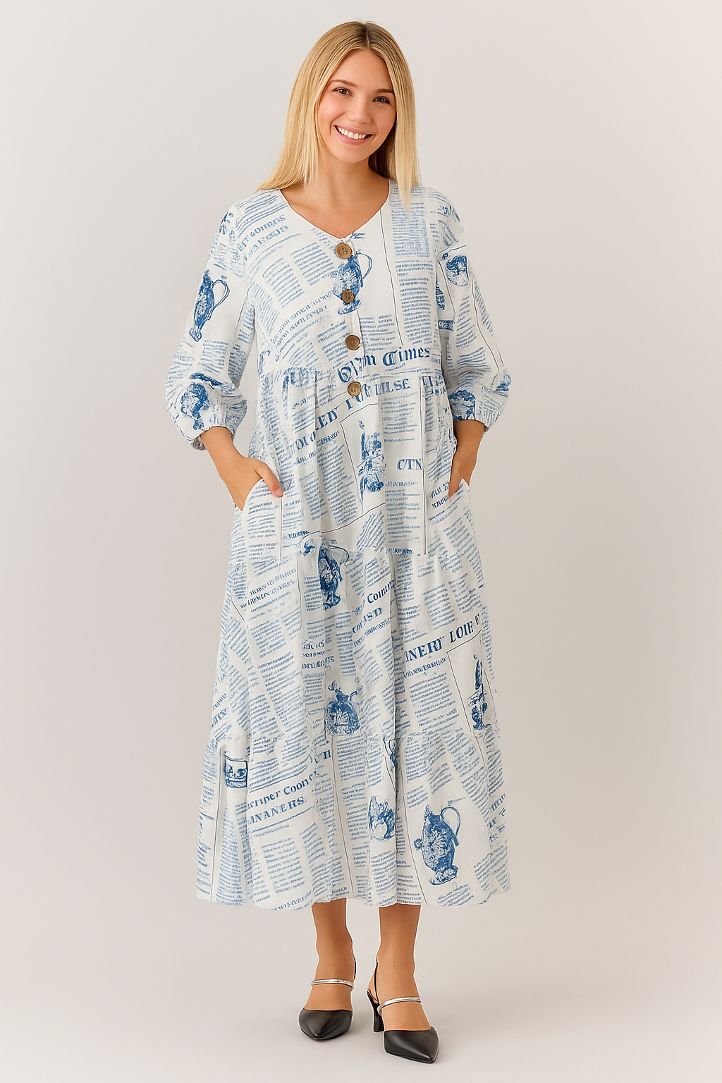 NEW!  "Nancy"  Denim Blue/Teal Newsprint Dress! S-3X