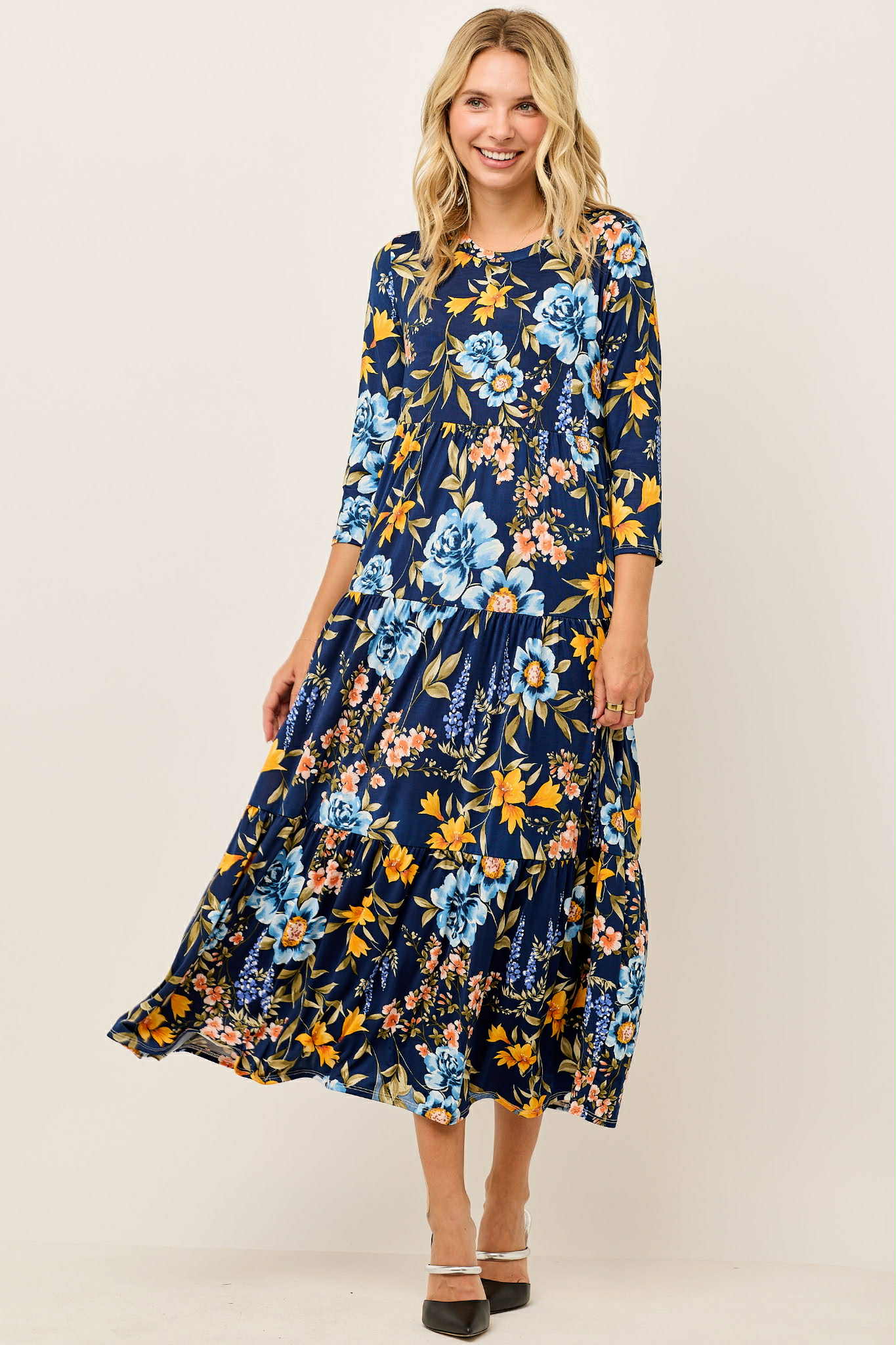 "Natalie" Blue Floral Dress: -2X