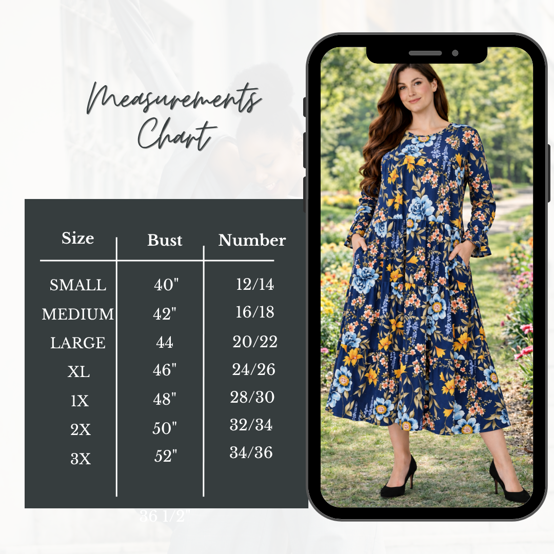 "Caroline" Blue Floral Dress: S-3X FINAL SALE! Cannot Be Returned! (Extremely Generous Fit!)