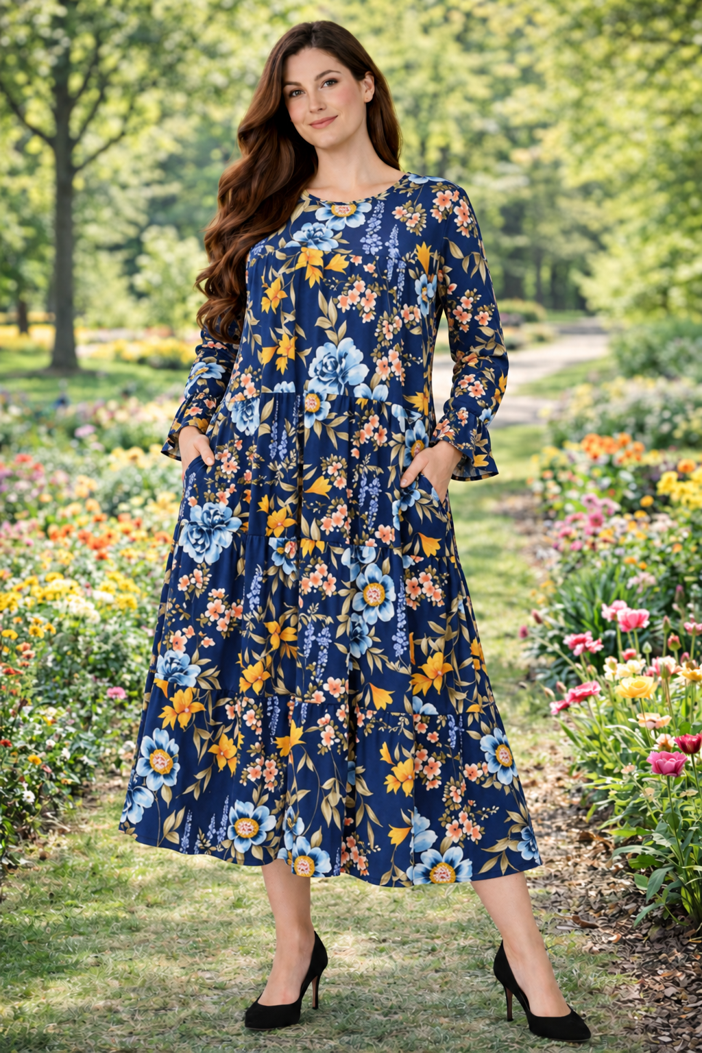 New!  "Caroline" Blue Floral Dress: S-3X  Arriving in Stock: 9/16