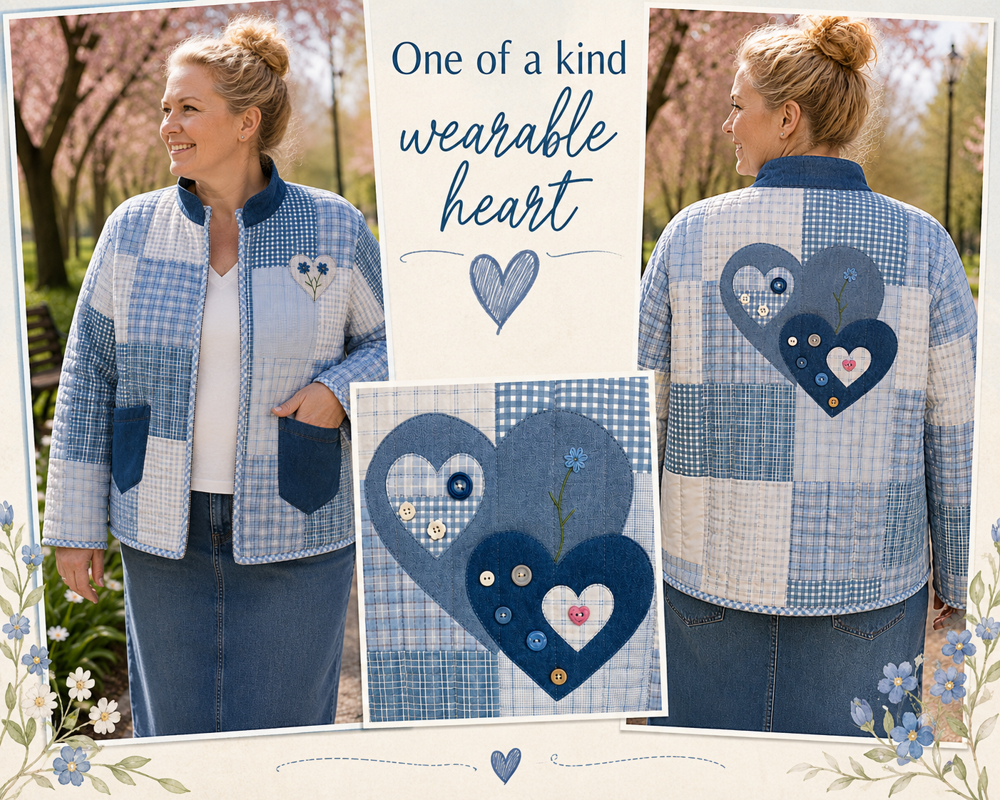 Blue "Hearts" Quilted Jacket: Size: 1X (One of a Kind "Wearable Art")