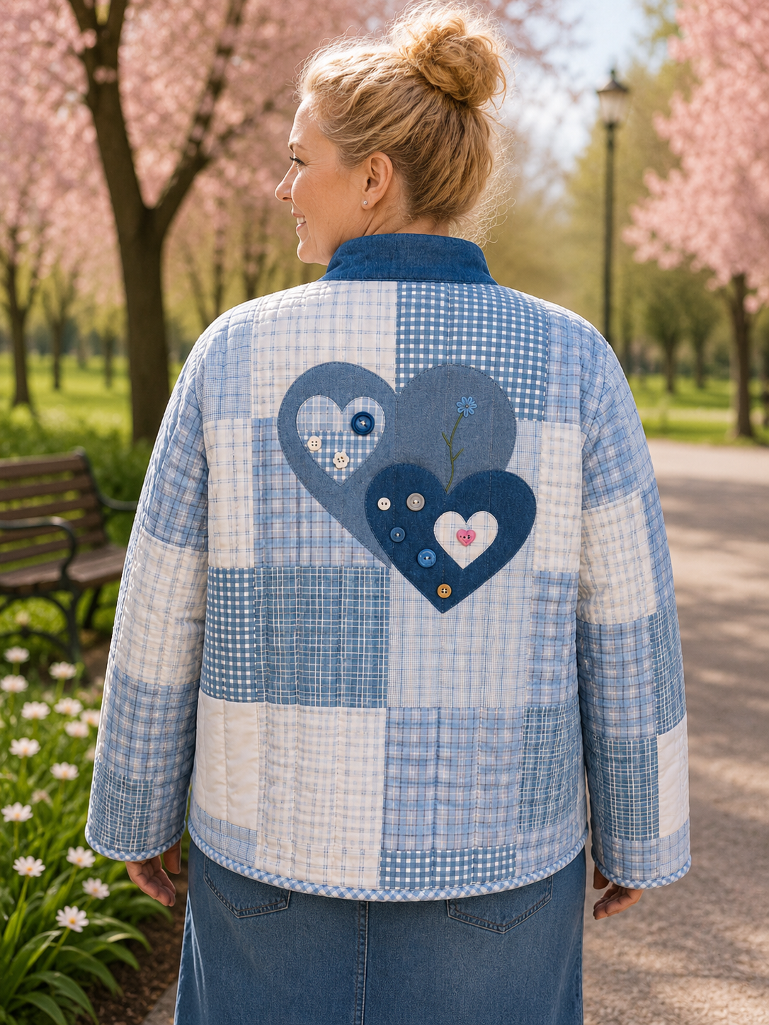 Blue "Hearts" Quilted Jacket: Size: 1X (One of a Kind "Wearable Art")