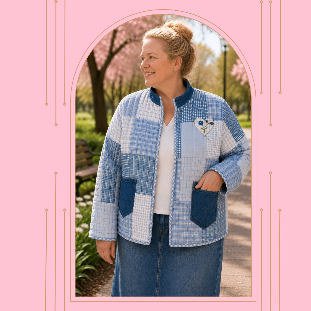 Blue "Hearts" Quilted Jacket: Size: 1X (One of a Kind "Wearable Art")