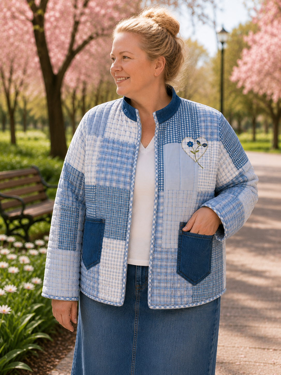 Blue "Hearts" Quilted Jacket: Size: 1X (One of a Kind "Wearable Art")