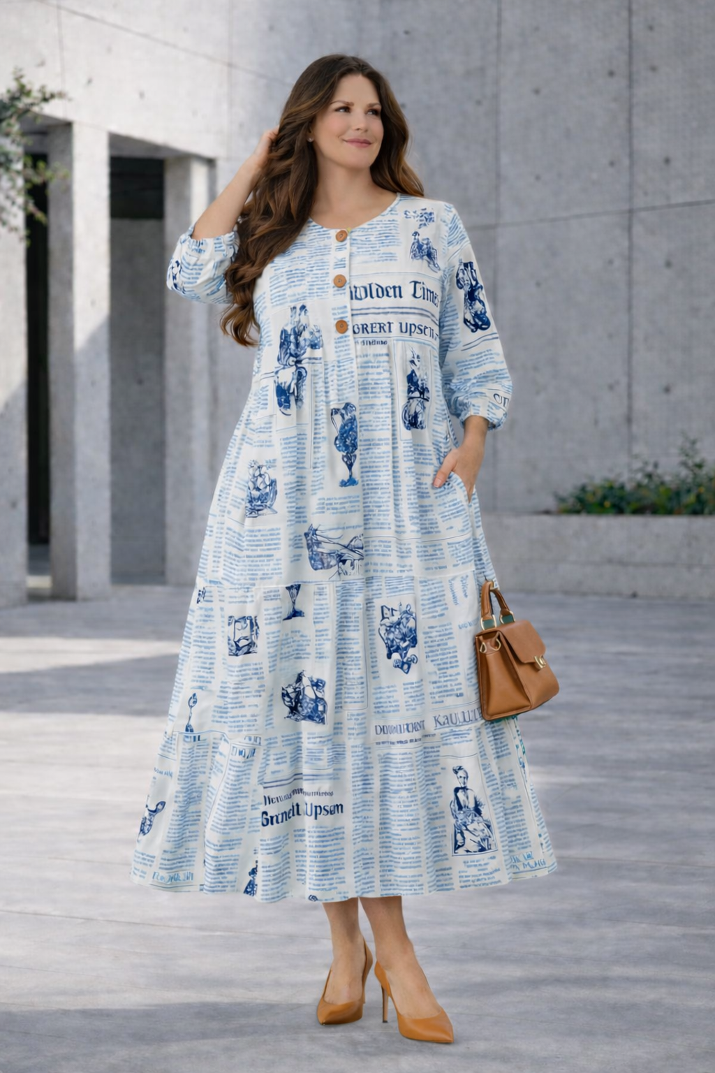 “Nancy"  Denim Blue/Teal Newsprint Dress! Medium - Final SALE! Cannot Be Returned!