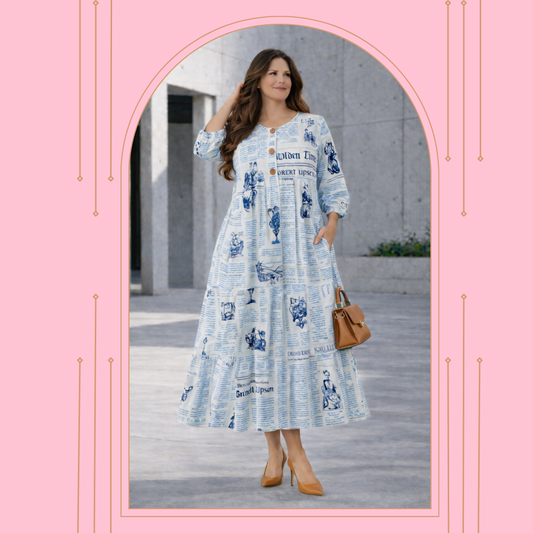 “Nancy"  Denim Blue/Teal Newsprint Dress! Medium - Final SALE! Cannot Be Returned!