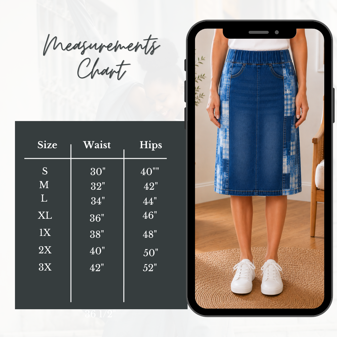 NEW! Blue Patchwork Elastic Waist Jean Skirt- S-3X