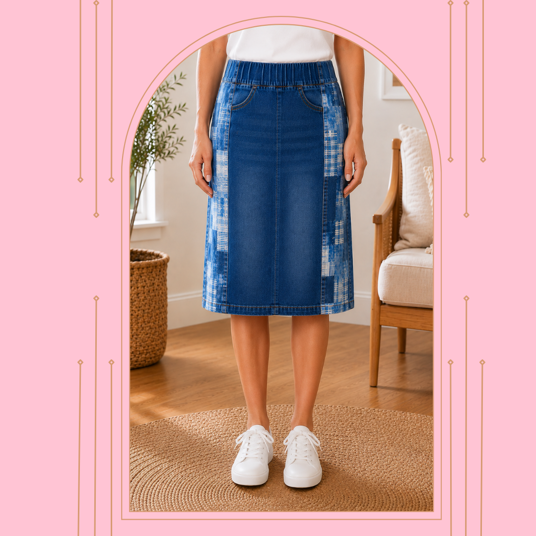 NEW! Blue Patchwork Elastic Waist Jean Skirt- S-3X