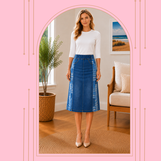 NEW! Blue Patchwork Elastic Waist Jean Skirt- S-5X