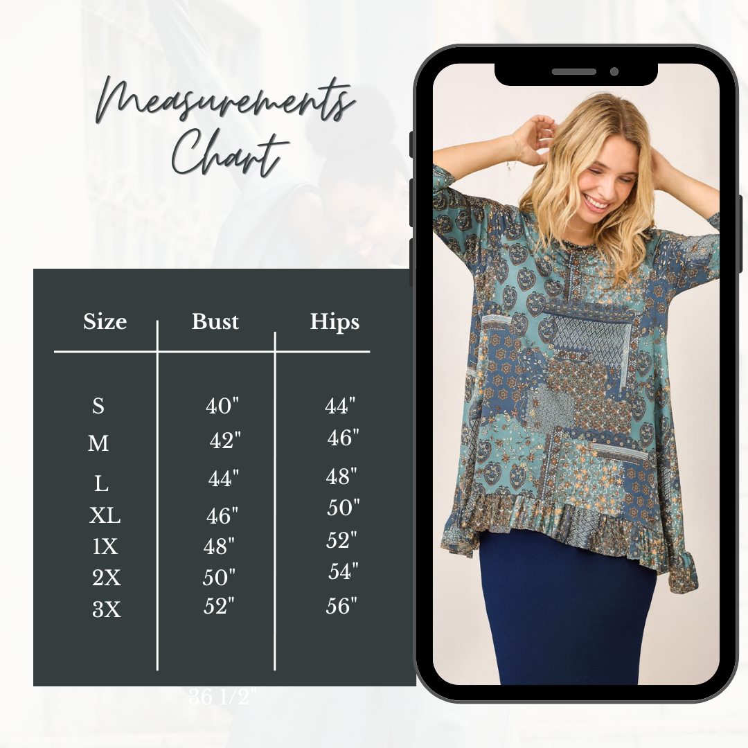 NEW! Blue Print Ruffle Tunic Top: S-3X  Arriving In Stock: 9/12