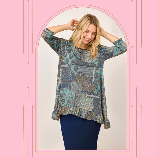 NEW! Blue Print Ruffle Tunic Top: S-3X  Arriving In Stock: 9/12
