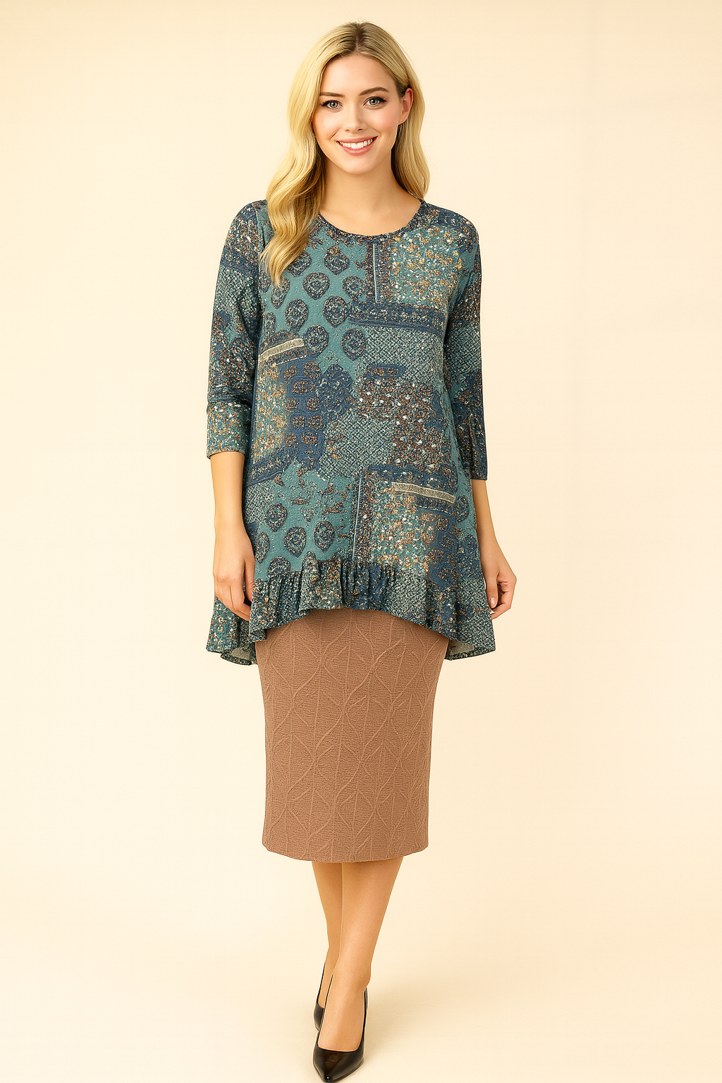 NEW! Blue Print Ruffle Tunic Top: S-3X