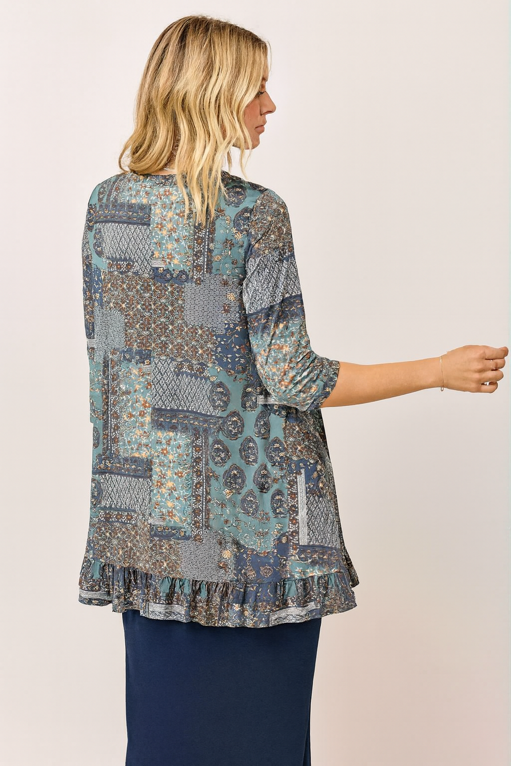 NEW! Blue Print Ruffle Tunic Top: S-3X  Arriving In Stock: 9/12