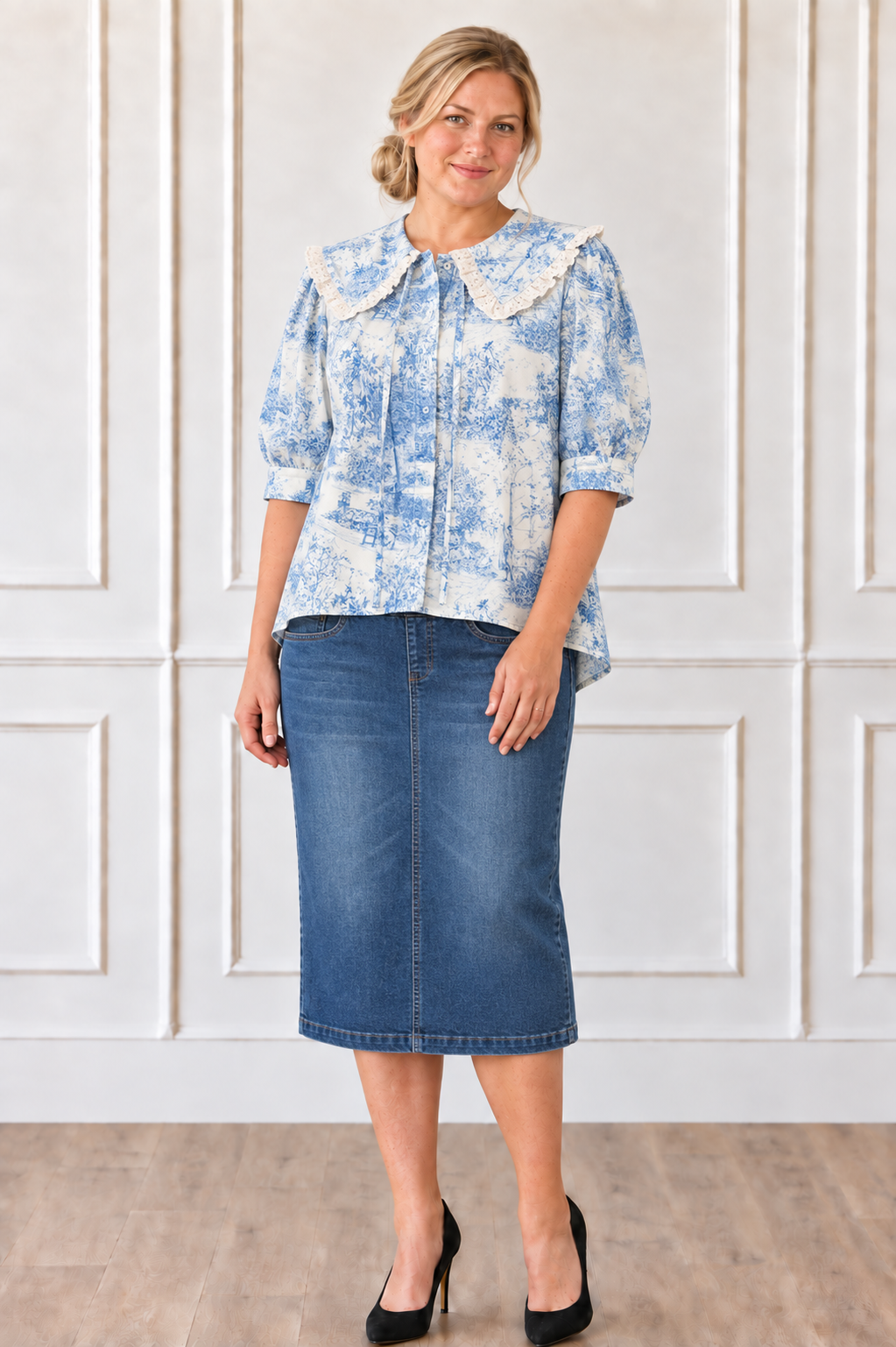 NEW! Blue "Toile" Vintage Print Cotton Blouse:  S-L  Arriving in Stock: 9/15