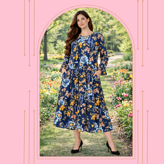 New!  "Caroline" Blue Floral Dress: S-3X  Arriving in Stock: 9/16