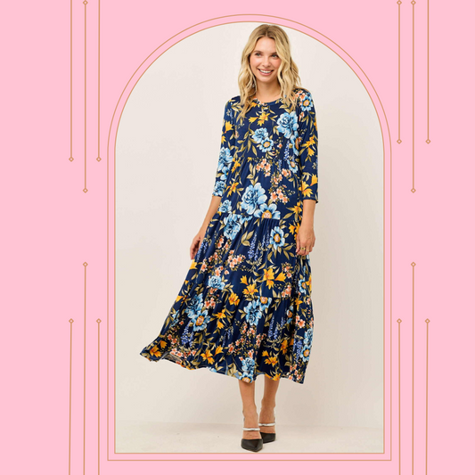 "Natalie" Blue Floral Dress: -2X