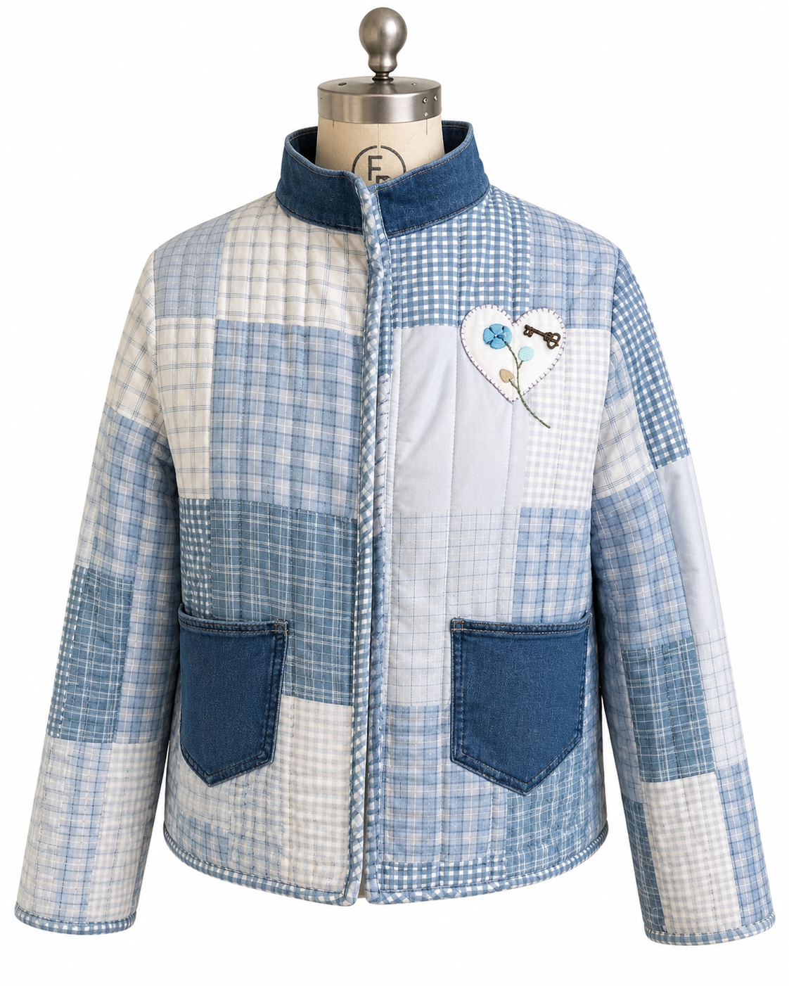 Blue "Hearts" Quilted Jacket: Size: 1X (One of a Kind "Wearable Art")