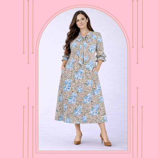 Pre-Order: NEW! "Laura" Blue/Leopard Dress: S-3X  Arriving Late April