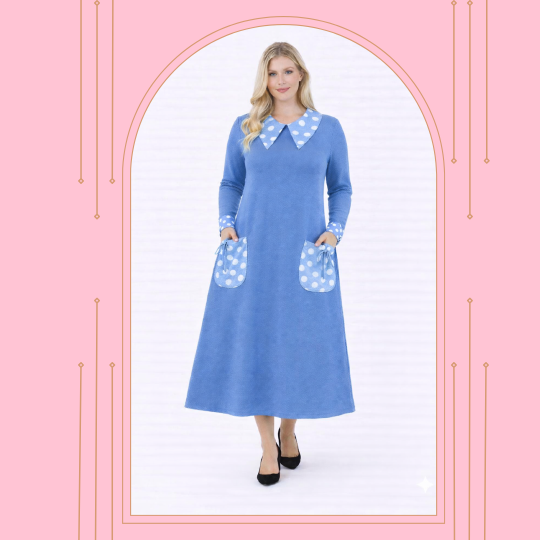 PRE-ORDER: NEW! "Dorothy"  Blue/Polka Dress: S-3X  (Arriving In Stock: Mid-January)