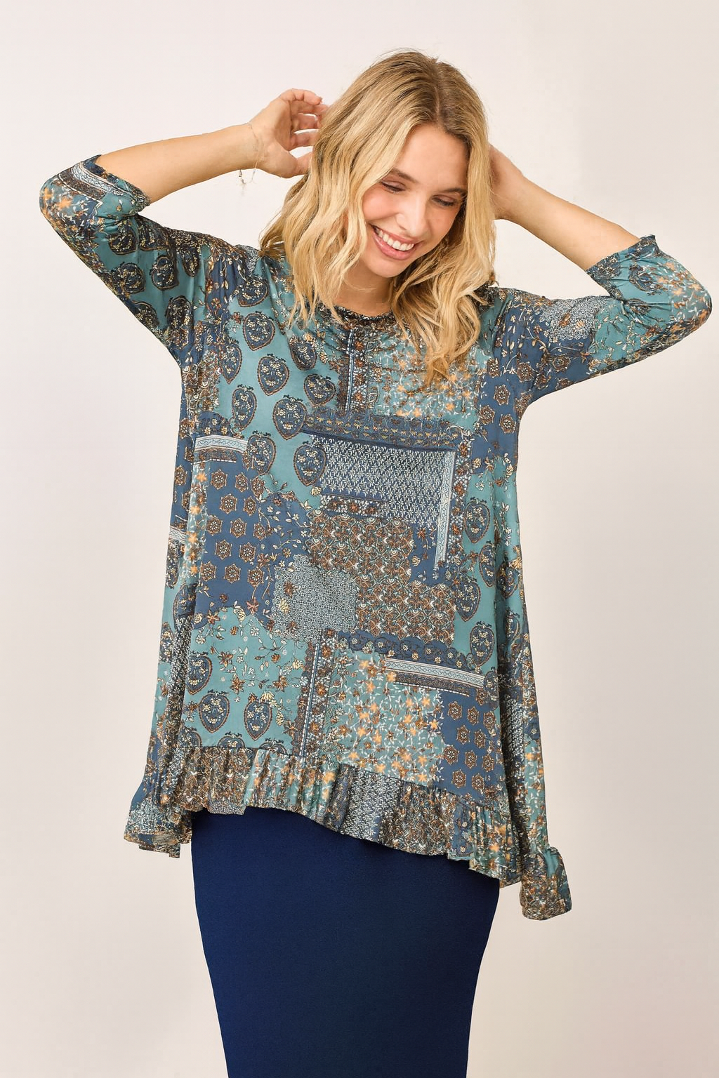 NEW! Blue Print Ruffle Tunic Top: S-3X  Arriving In Stock: 9/12
