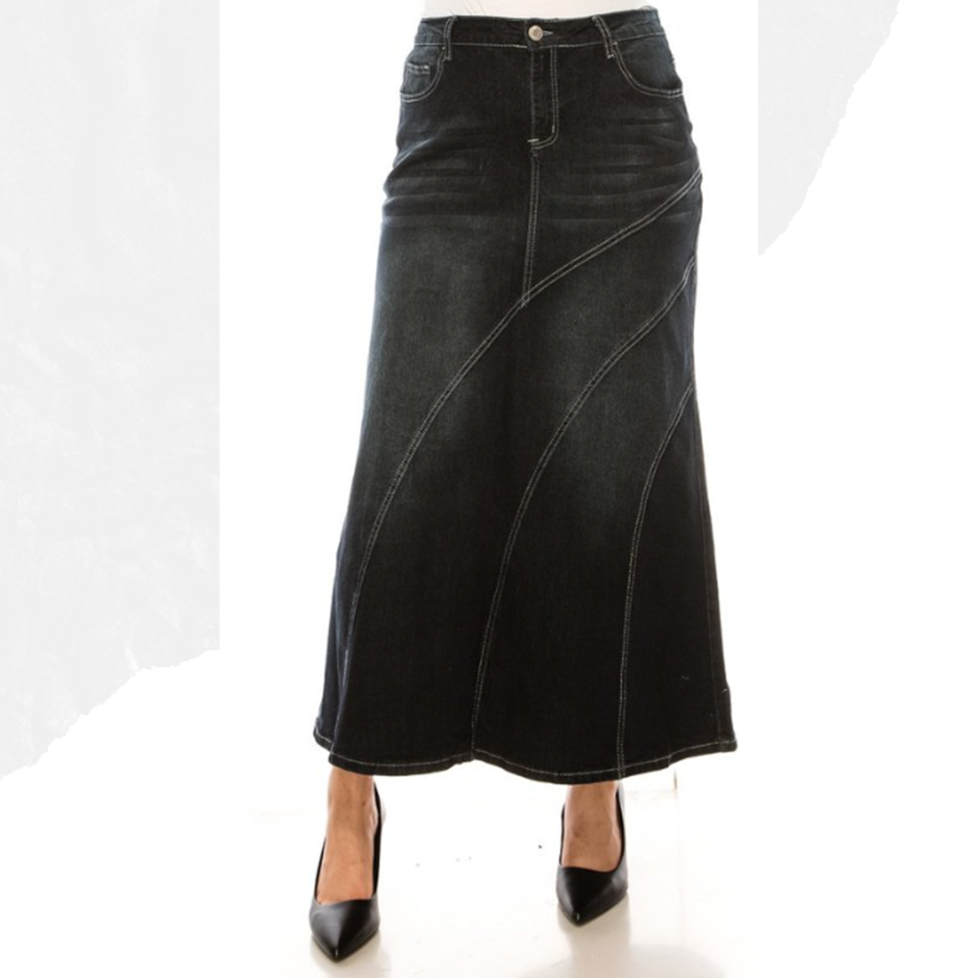 NEW! "Bonita" Black  Wash Maxi Jean Skirt: S-3X