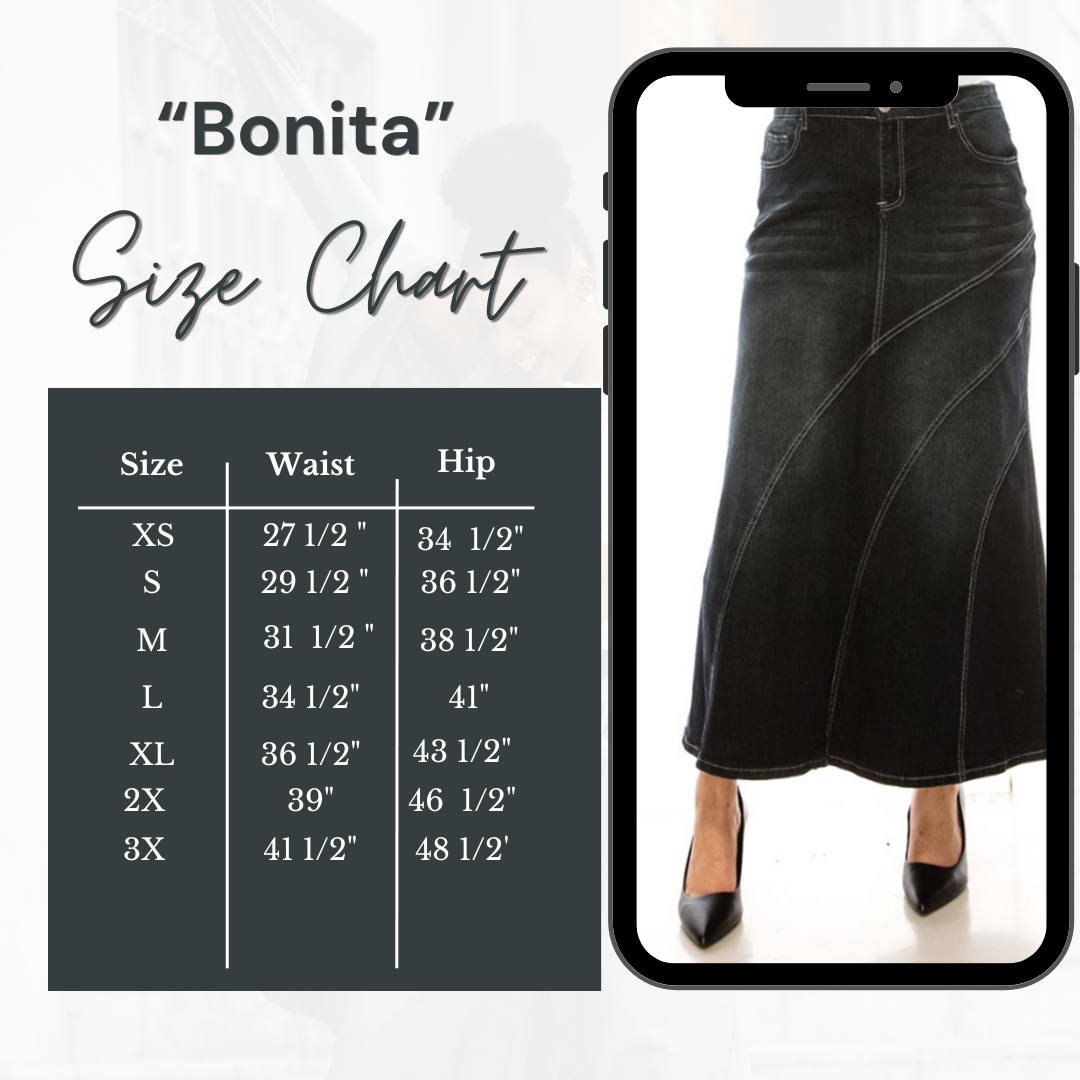 NEW! "Bonita" Black  Wash Maxi Jean Skirt: S-3X