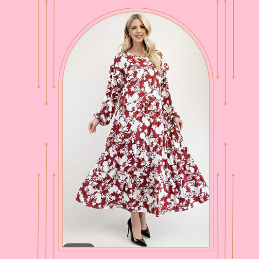 NEW!  "Serena" Burgundy Floral Dress: S-3X  Arriving in Stock: 11/20