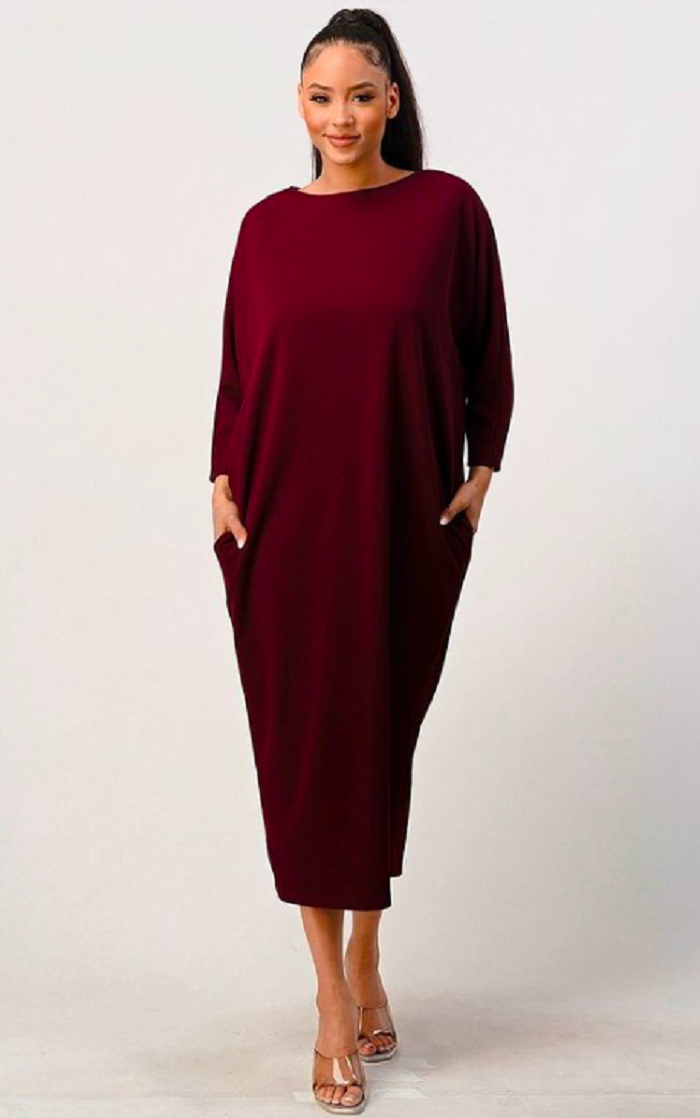 Burgundy Dolman Sleeve Dress: L & 1X. FINAL SALE! Cannot Be Returned!