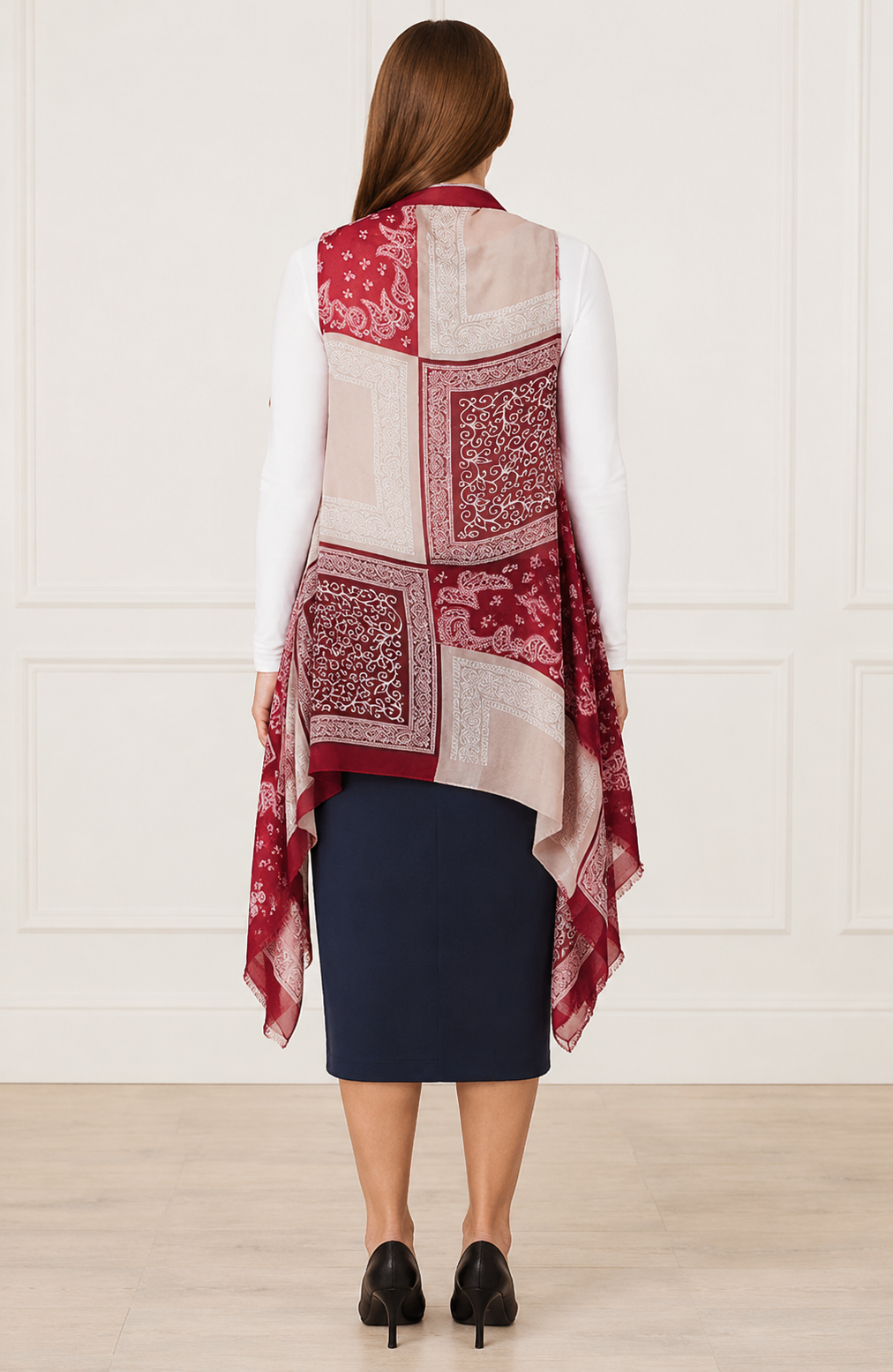NEW! Burgundy "Bandana" Print Long Vest (One Size Fits Most Up to 1X)