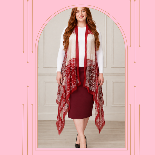 NEW! Burgundy "Bandana" Print Long Vest (One Size Fits Most Up to 1X)