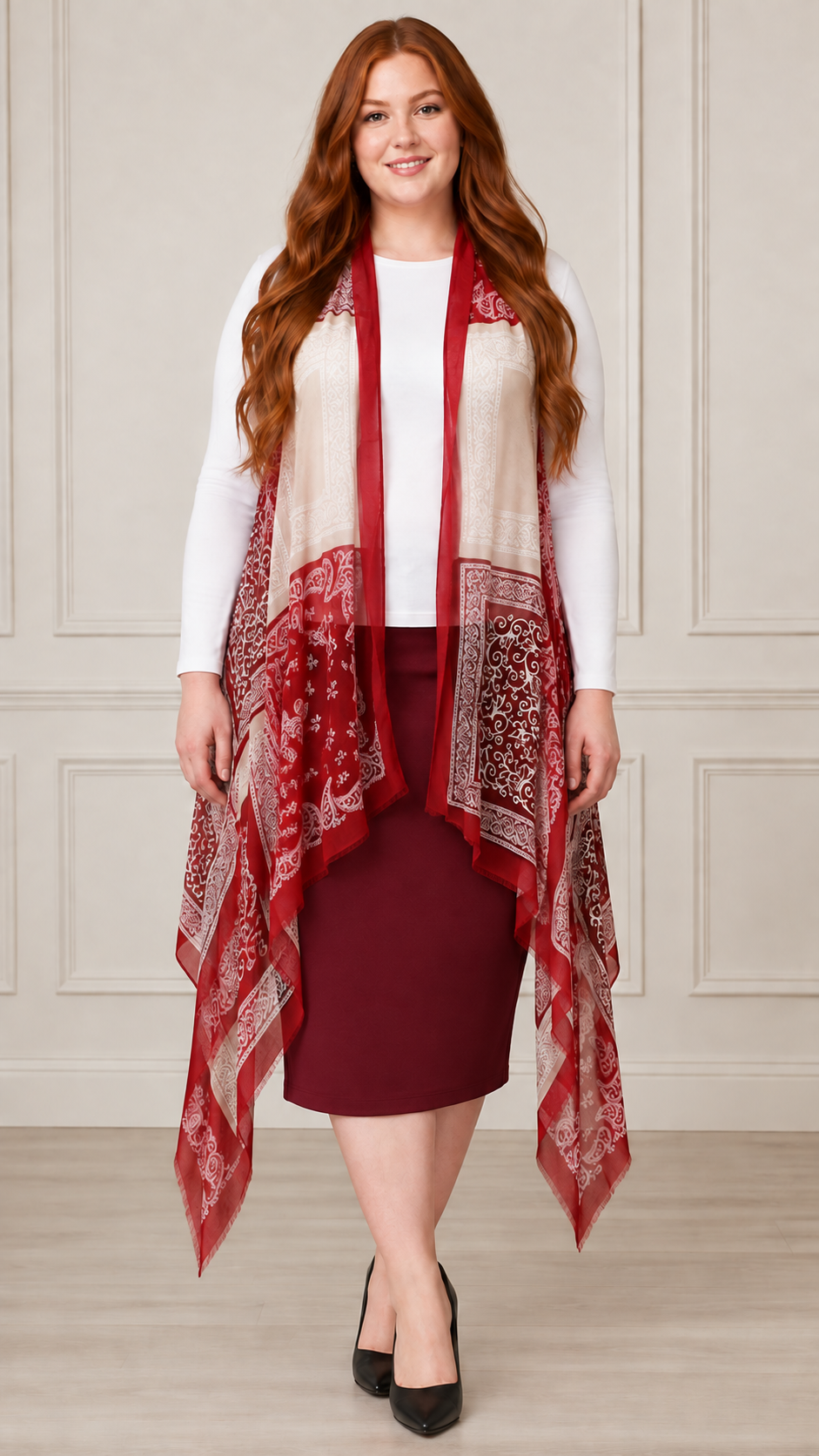 NEW! Burgundy "Bandana" Print Long Vest (One Size Fits Most Up to 1X)