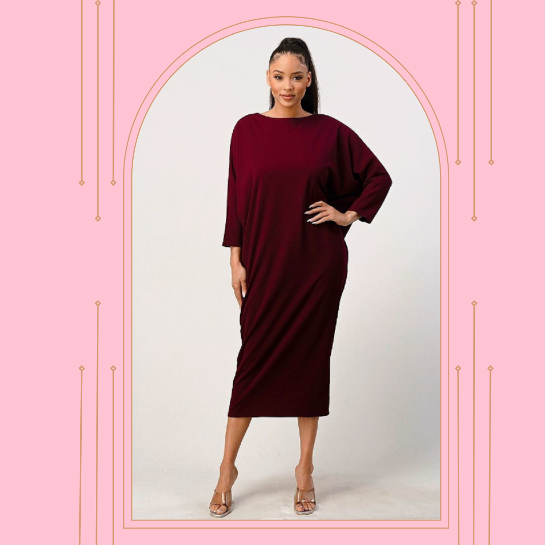 Burgundy Dolman Sleeve Dress: L & 1X. FINAL SALE! Cannot Be Returned!