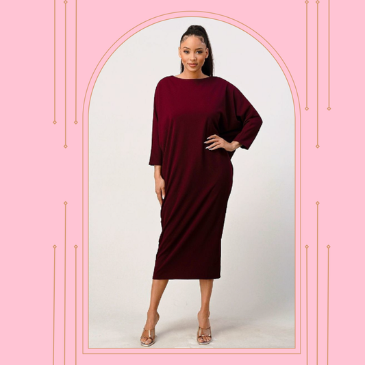 Burgundy Dolman Sleeve Dress: L & 1X. FINAL SALE! Cannot Be Returned!