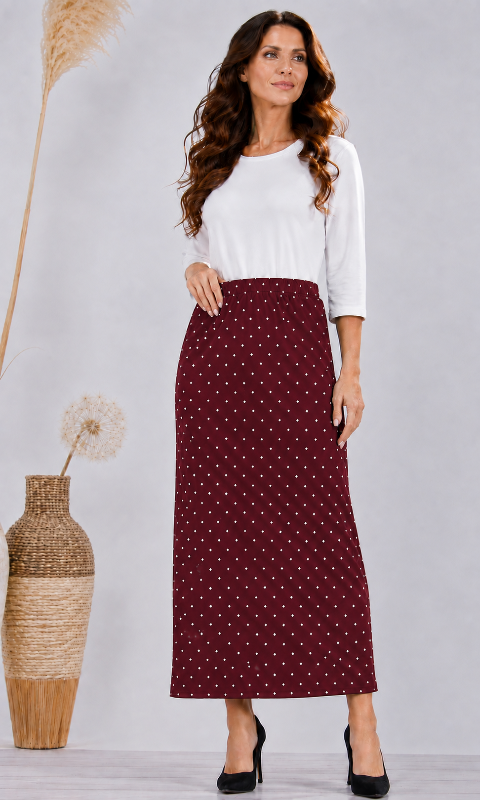 Burgundy Polka Dot Maxi Skirt: S-3X