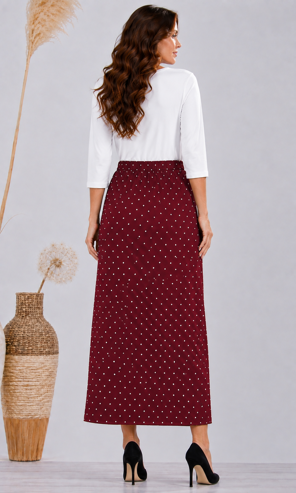 Burgundy Polka Dot Maxi Skirt: S-3X