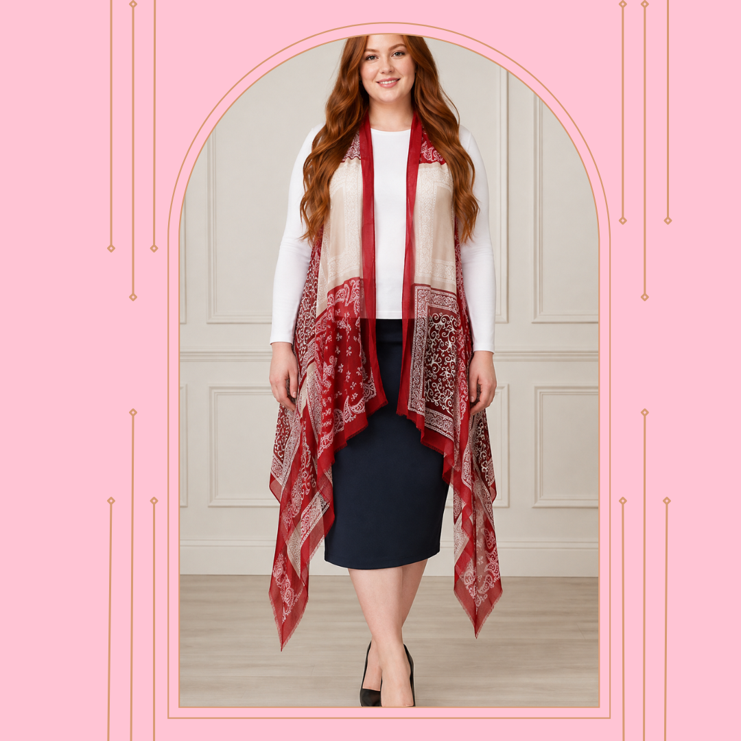 NEW! Burgundy "Bandana" Print Long Vest (One Size Fits Most Up to 1X)