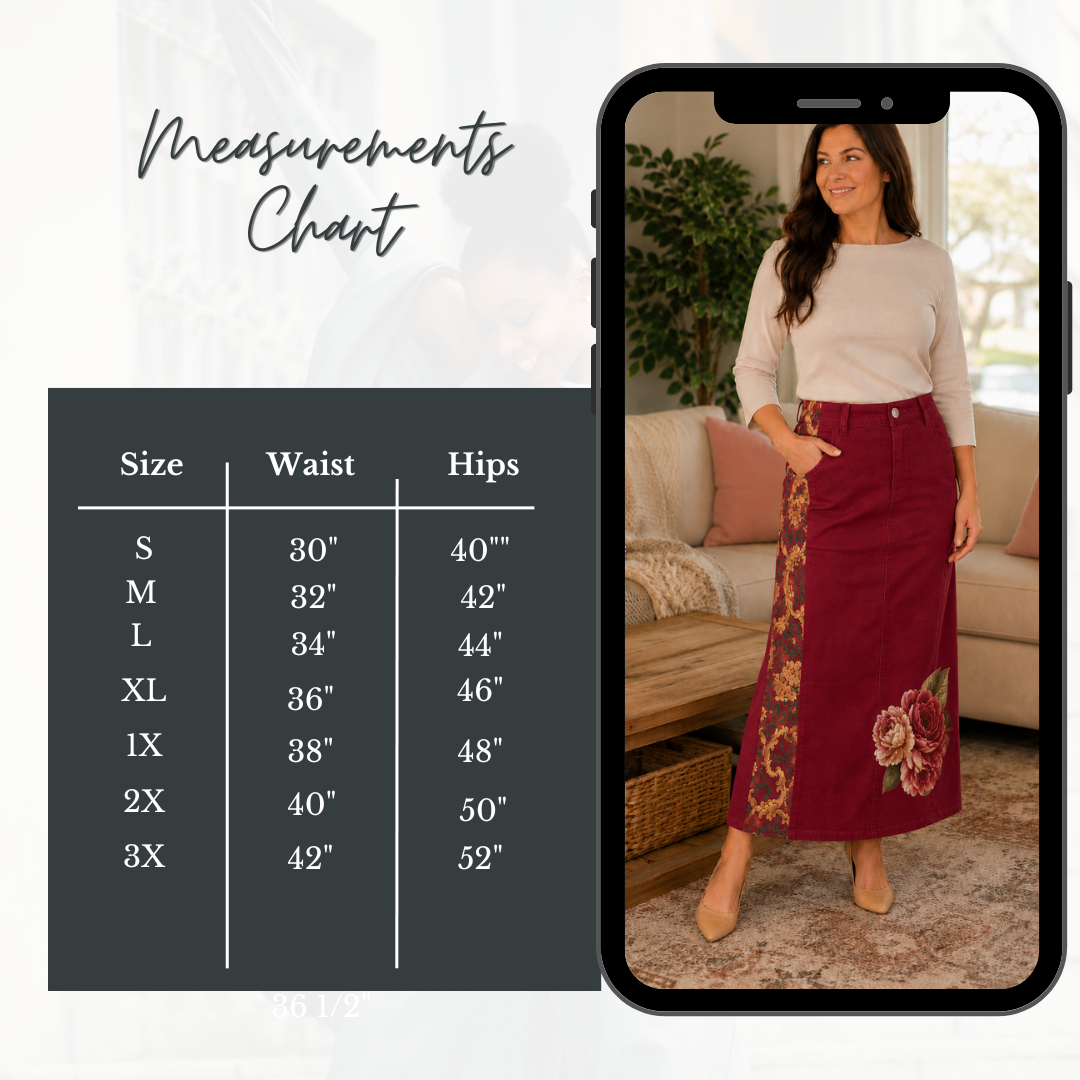 NEW! Cabernet/Floral "Boutique" Maxi Jean Skirt: S-5X