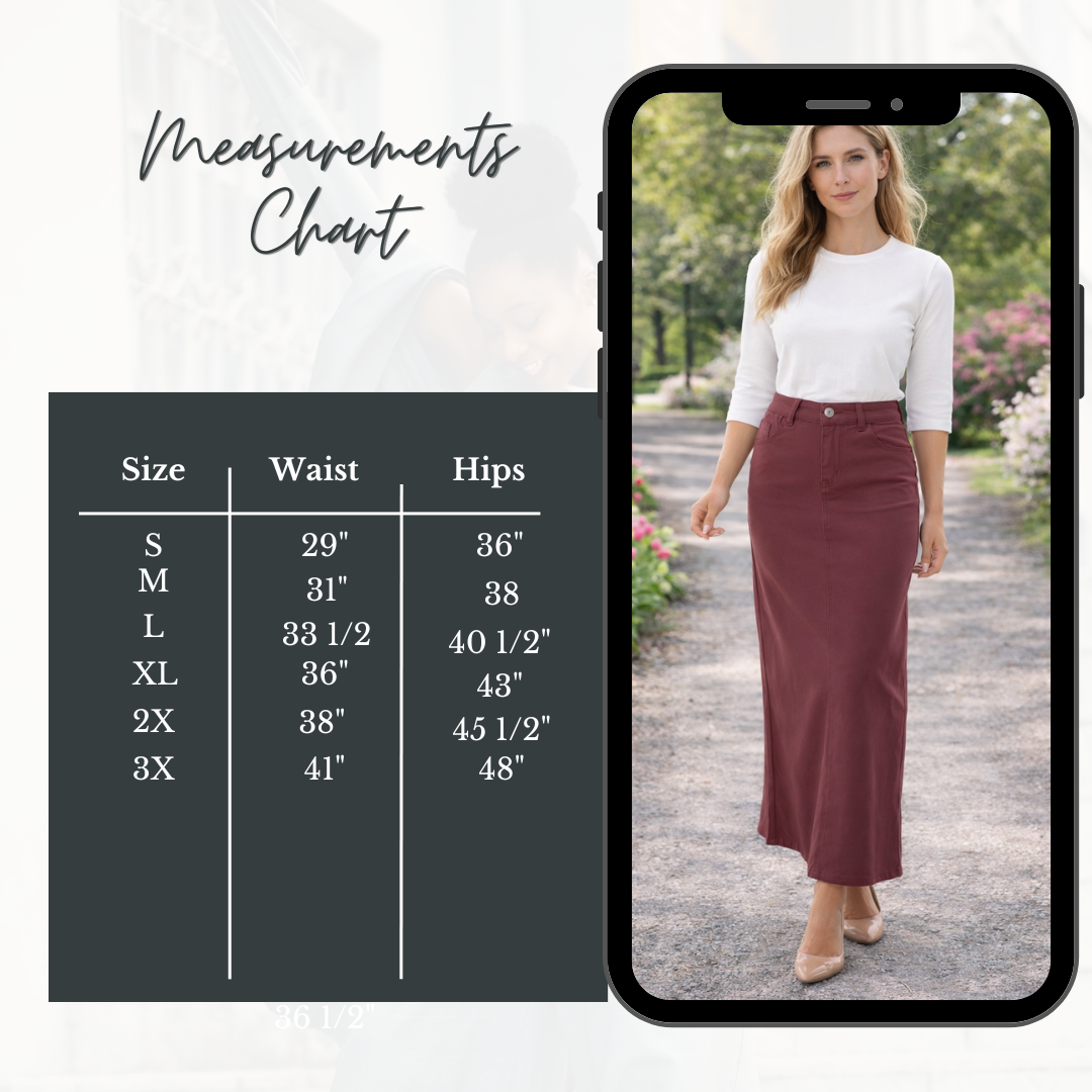 Pre-Order: NEW! Cabernet Maxi Jean Skirt: S-3X  Arriving in Stock: 6/20