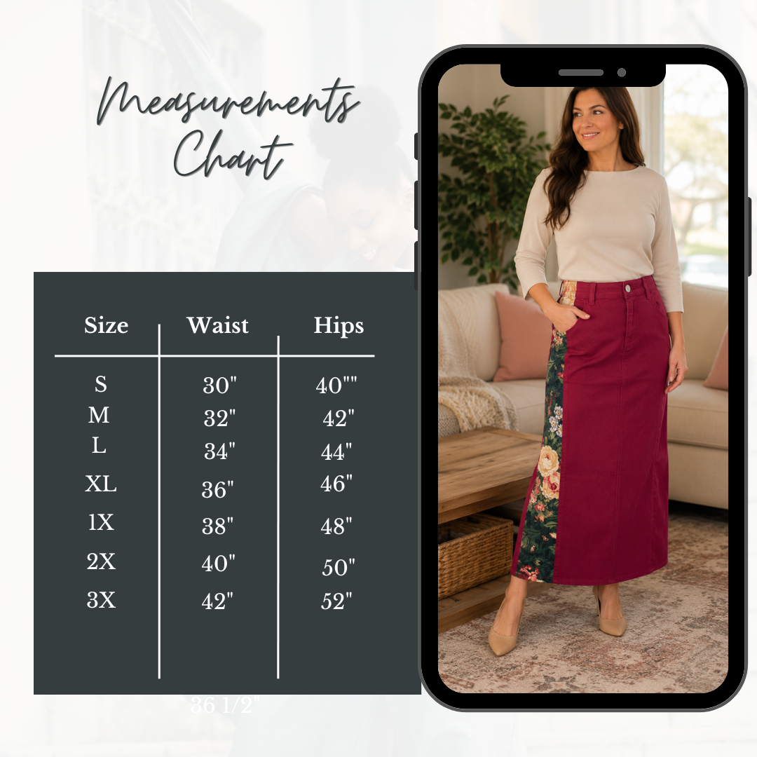 NEW! Cabernet/Floral "Boutique" Maxi Jean Skirt: S-3X