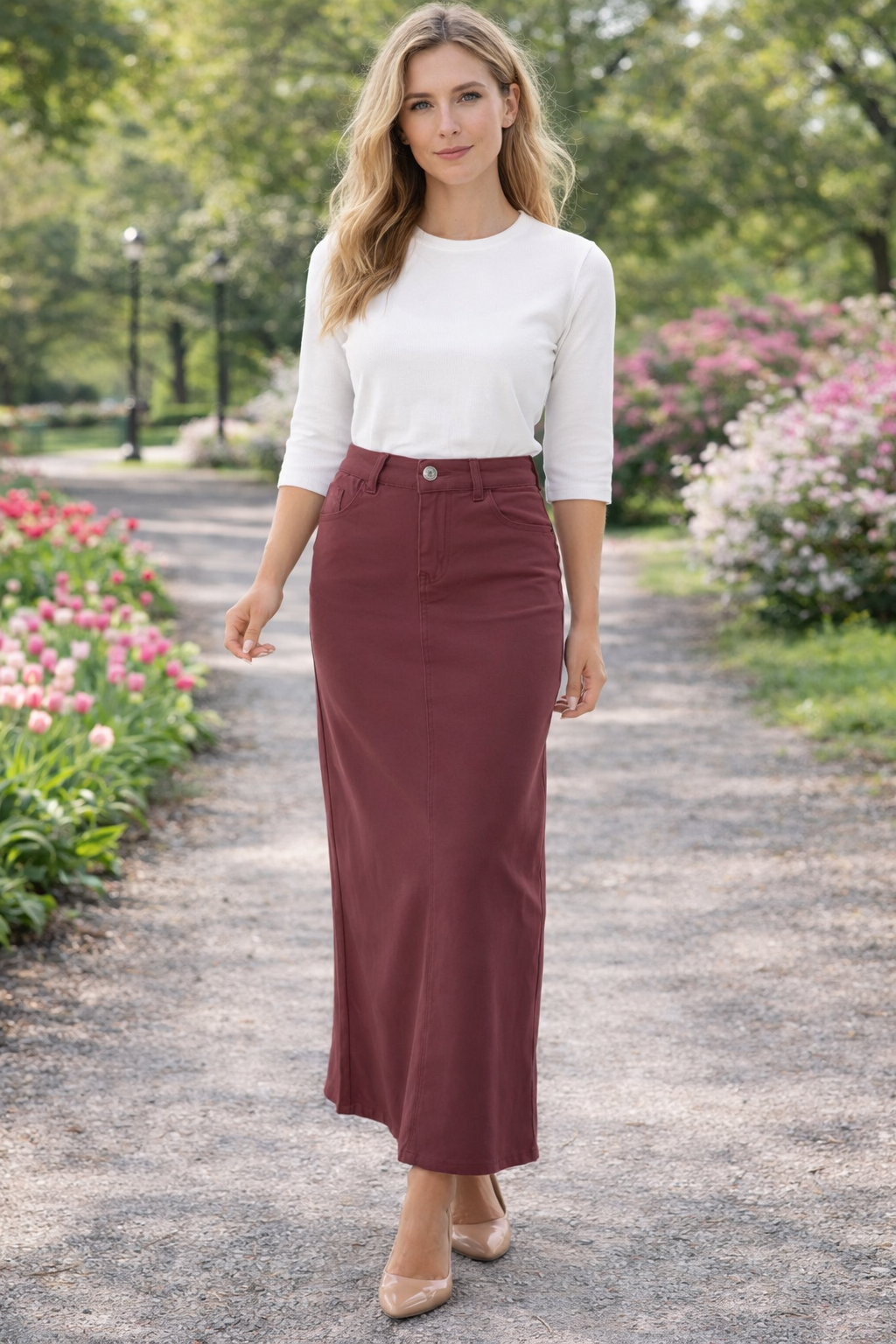Pre-Order: NEW! Cabernet Maxi Jean Skirt: S-3X  Arriving in Stock: 6/20
