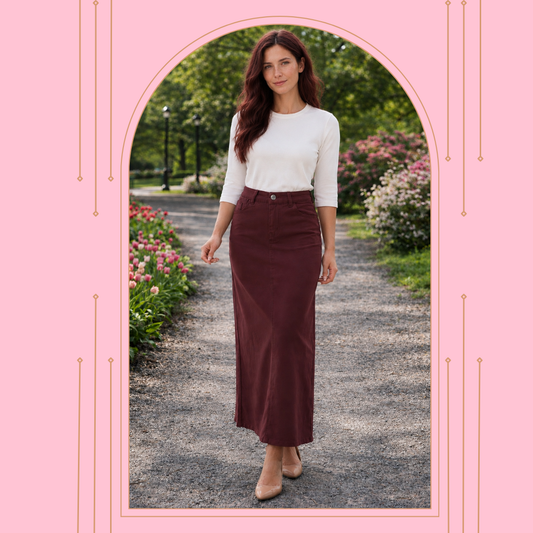 Pre-Order: NEW! Cabernet Maxi Jean Skirt: S-3X  Arriving in Stock: 6/3 and 6/7
