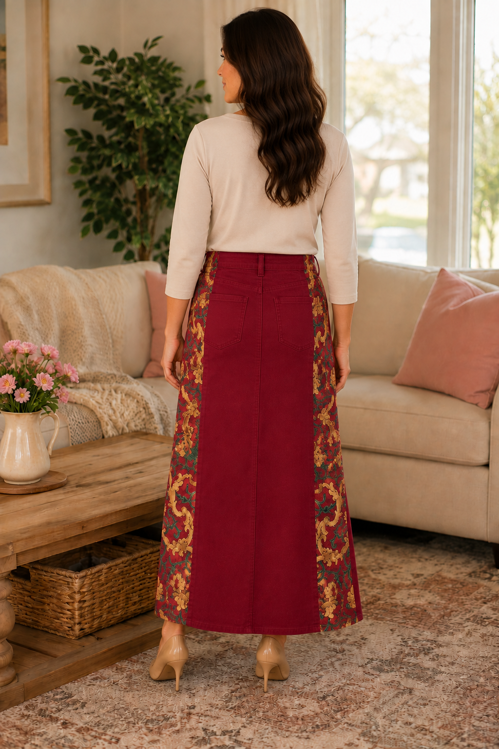 NEW! Cabernet/Floral "Boutique" Maxi Jean Skirt: S-5X